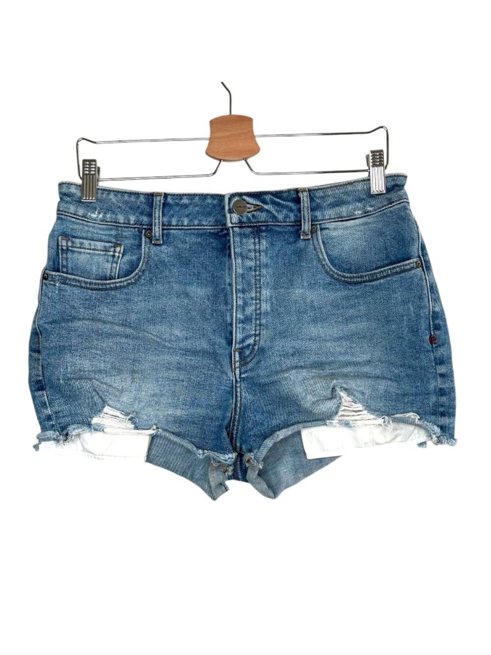 Warp + Weft Ibiza High Rise festival Distressed Blue Denim Jean Shorts Size 31